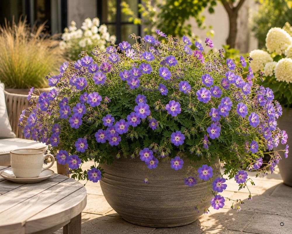Geranium Rozanne im Kübel auf der Terrasse, Blüten hängen über den Rand