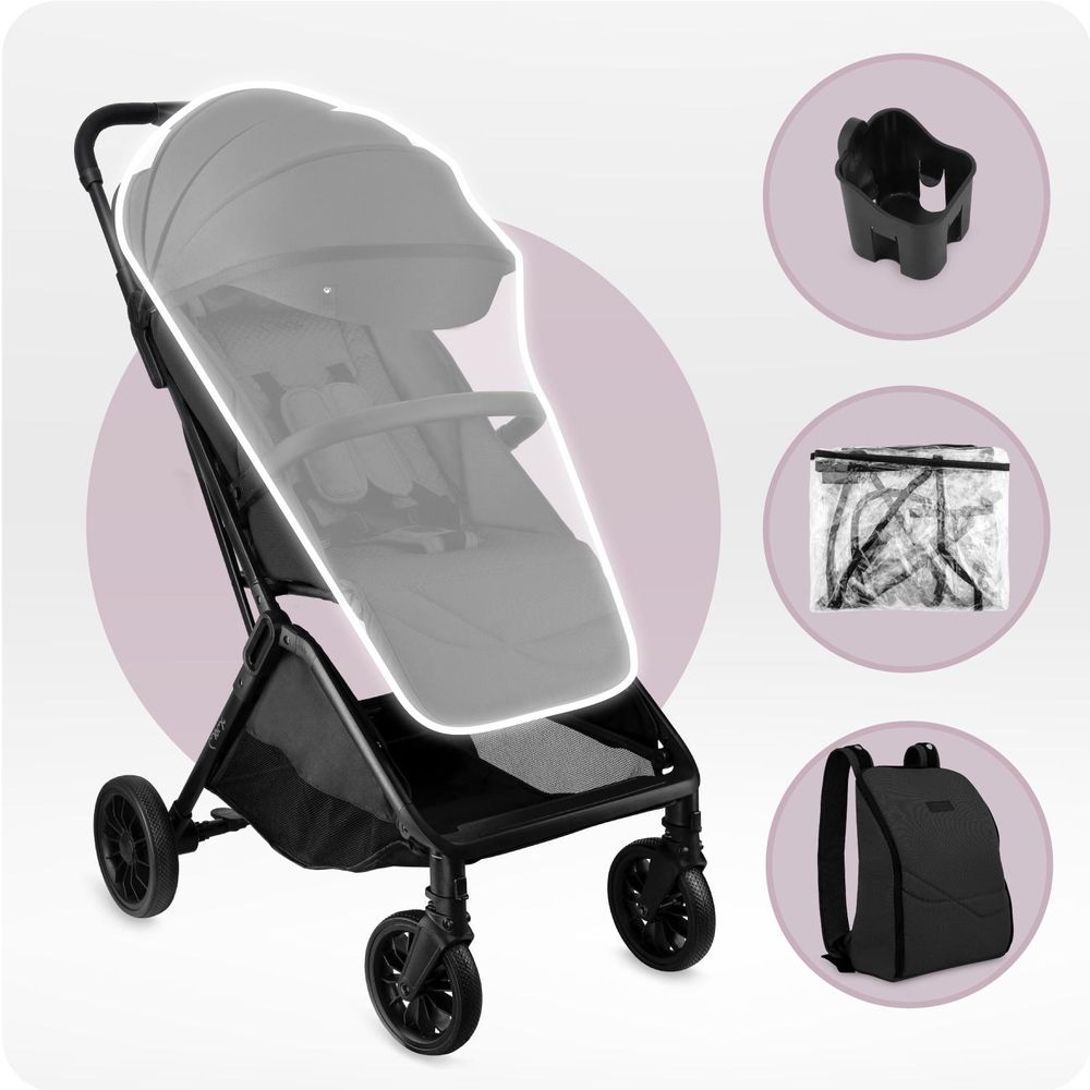 MoMi ANDREA – Ultraleichter Baby Kompaktbuggy 7,3 kg mit automatischer Faltung & Drehbügel, bis 22 kg, inkl. Rucksack & Zubehörset – Schwarz