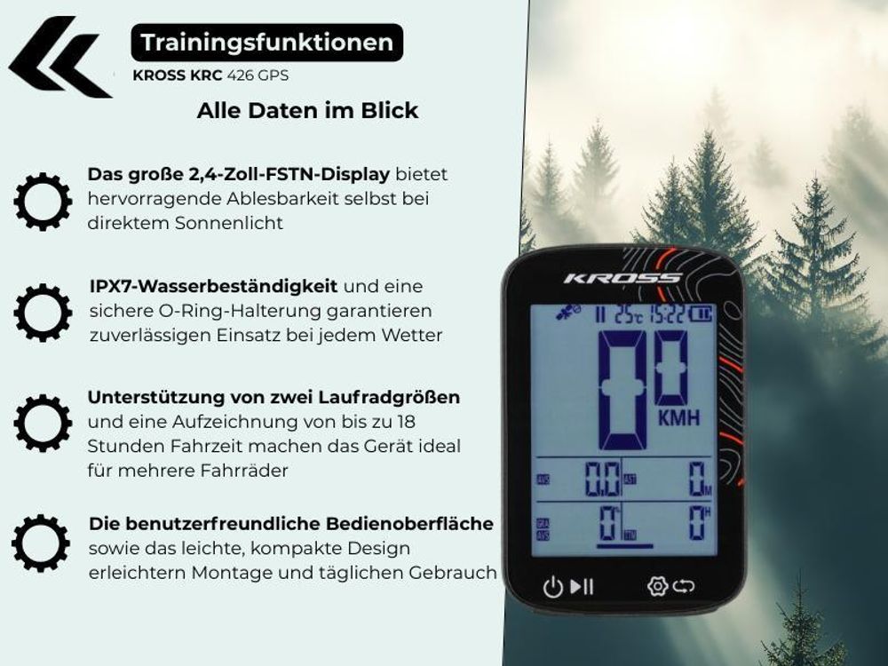 Kross KRC 426 GPS – kabelloser Fahrradcomputer mit 2,4" FSTN Display, IPX7, 20h Laufzeit & Höhenmessung
