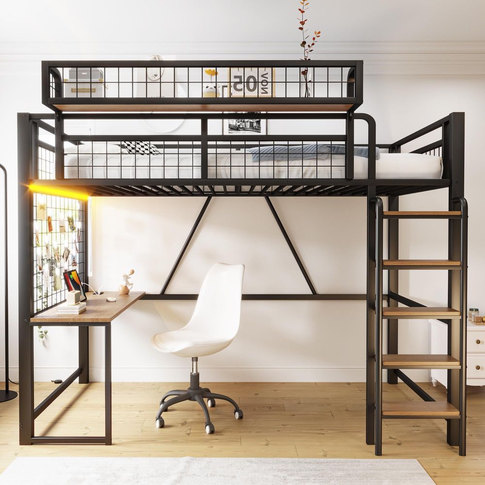 Merax Hochbett Etagenbett 90x200 mit Schreibtisch und LED Licht, Kinderbett mit Sicherheitsgeländer, Metallbett mit Steckdose,Aufbewahrungsnetz,Schwarz