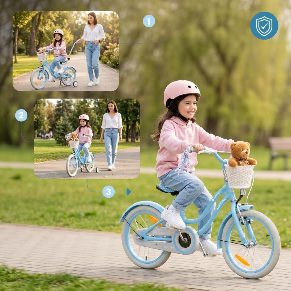 Secuencia de fotos mostrando a la niña aprendiendo a montar con barra, con ruedines y finalmente so…