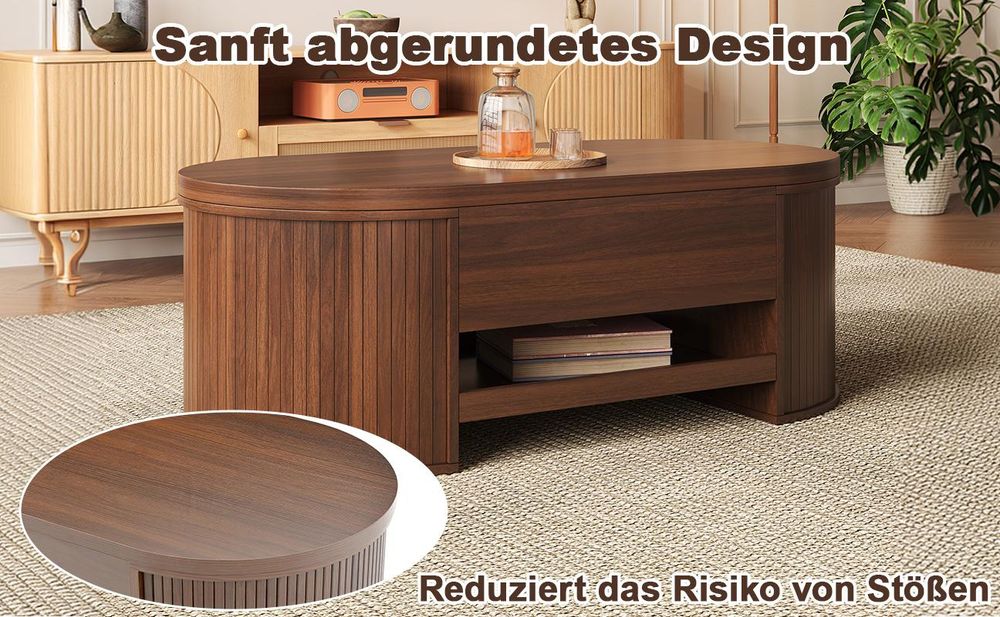 okwish Couchtisch mit anhebbarer Tischplatte, ausziehbarem Regal und gebogenen Holzseiten, Wohnzimmertisch, Beistelltisch, multifunktional, Walnuss
