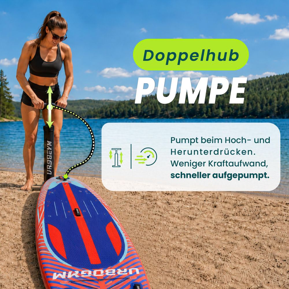 VENTI 350 SUP-Board beim Aufpumpen mit der mitgelieferten Doppelhubpumpe.
