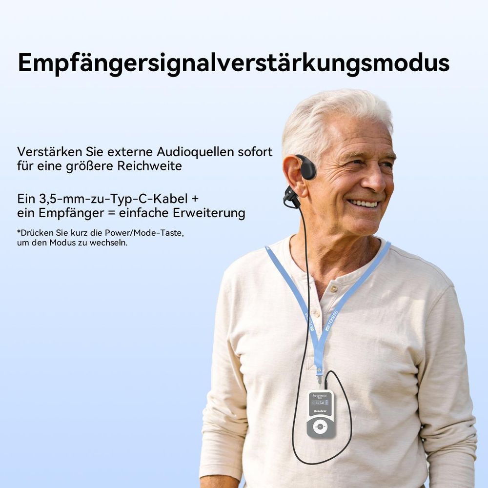 Retekess TT042 Knochenleitungskopfhörer, Hörhilfegerät, zwei Modi, 200 mAh, 6 Lautstärkestufen, Typ-C,Breite Kompatibilität, für Seniorenreisegruppen
