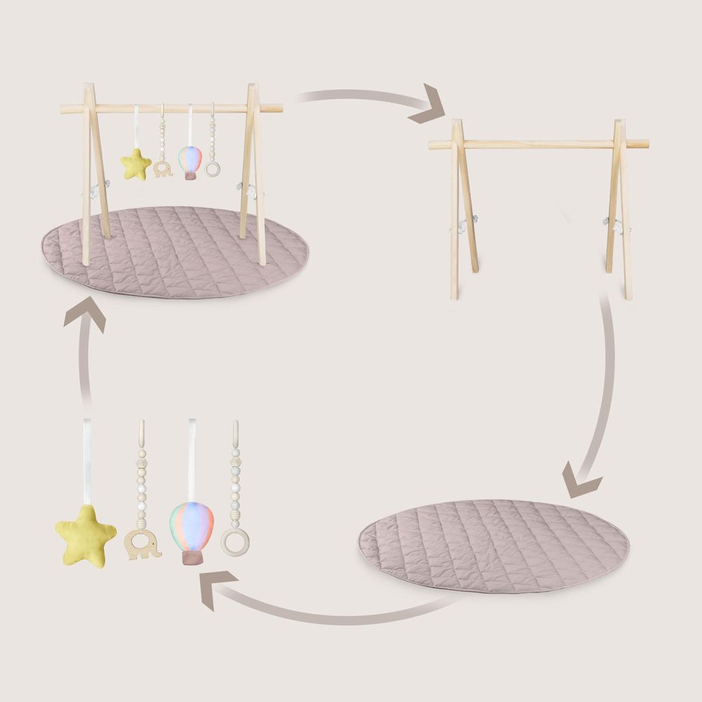 Lionelo Anis Set Baby-Gym aus Holz mit Matte – klappbar, Montessori Spielbogen ab Geburt (0+), 4 Spielzeuge