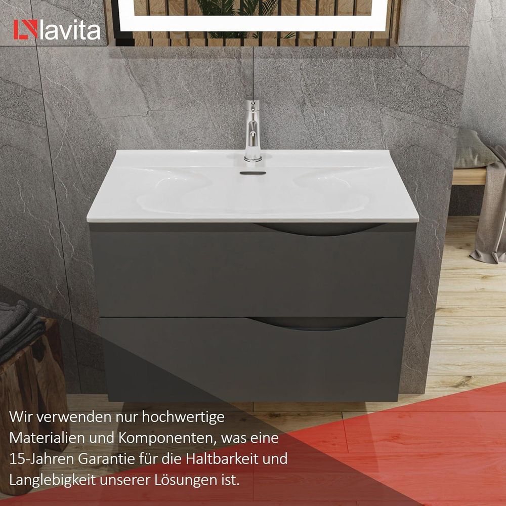 LAVITA Möbelwaschtisch Kolorado 800 | Möbelwaschbecken | Waschbecken mit Überlauf und Hahnloch | Aus hochwertigem Porzellan | Waschtisch | 81x46,5x17 cm | Weiß Glanz
