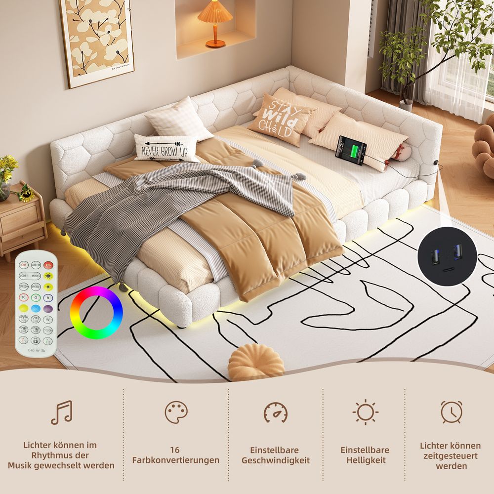 okwish Schlafsofa Daybett 90x200cm Ambientelicht mit Fernbedienung und Schubladen, Tagesbet Jugendbett mit Lattenrost und USB,(Ohne Matratze)-Grau