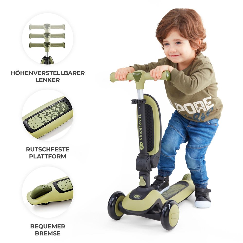 Kinderkraft HALLEY 2in1 - Laufrad & Dreirad Roller, für 1- bis 5-Jährige, leuchtende PolyurethanRäder, verstellbarer Lenker, nur 3 kg leicht - Grün