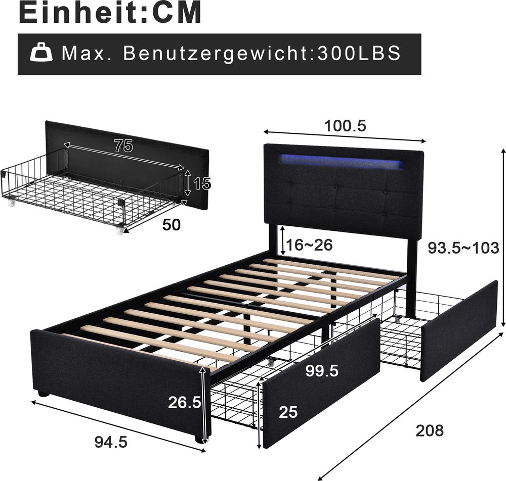 Flieks Polsterbett 90x200cm mit LED und höhenverstellbarem Kopfteil, Einzelbett mit Lattenrost und 2 Schubladen, Stauraumbett Leinen, Schwarz