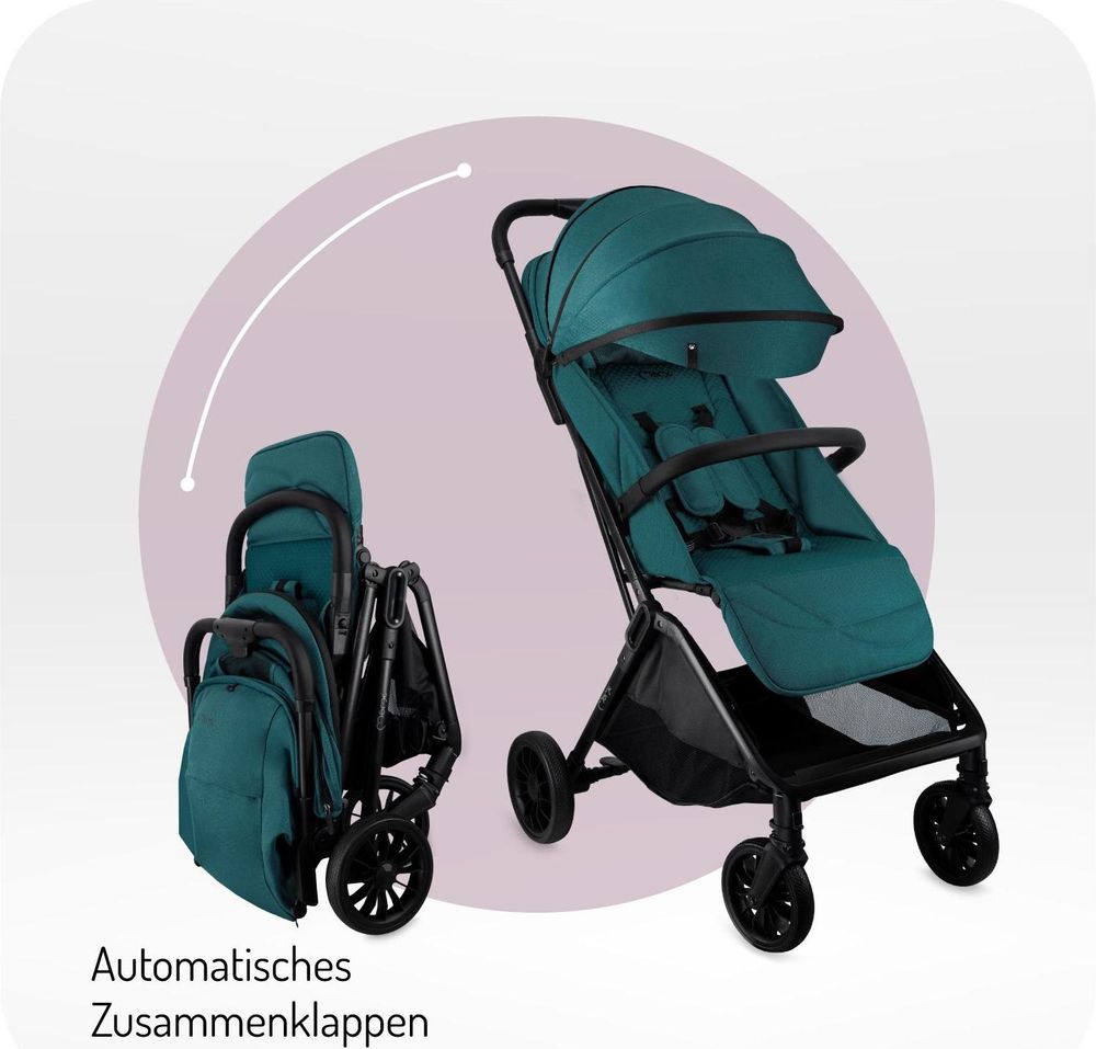 MoMi ANDREA Buggy Kinderwagen bis 22 kg - automatisches Falten - Rucksack, Zubehör - Türkis