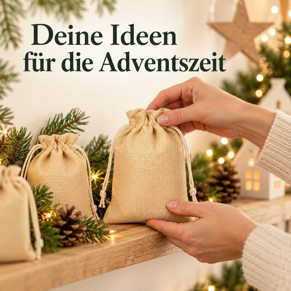 Erwachsene Person ordnet naturbeige Säckchen auf einer Ablage an