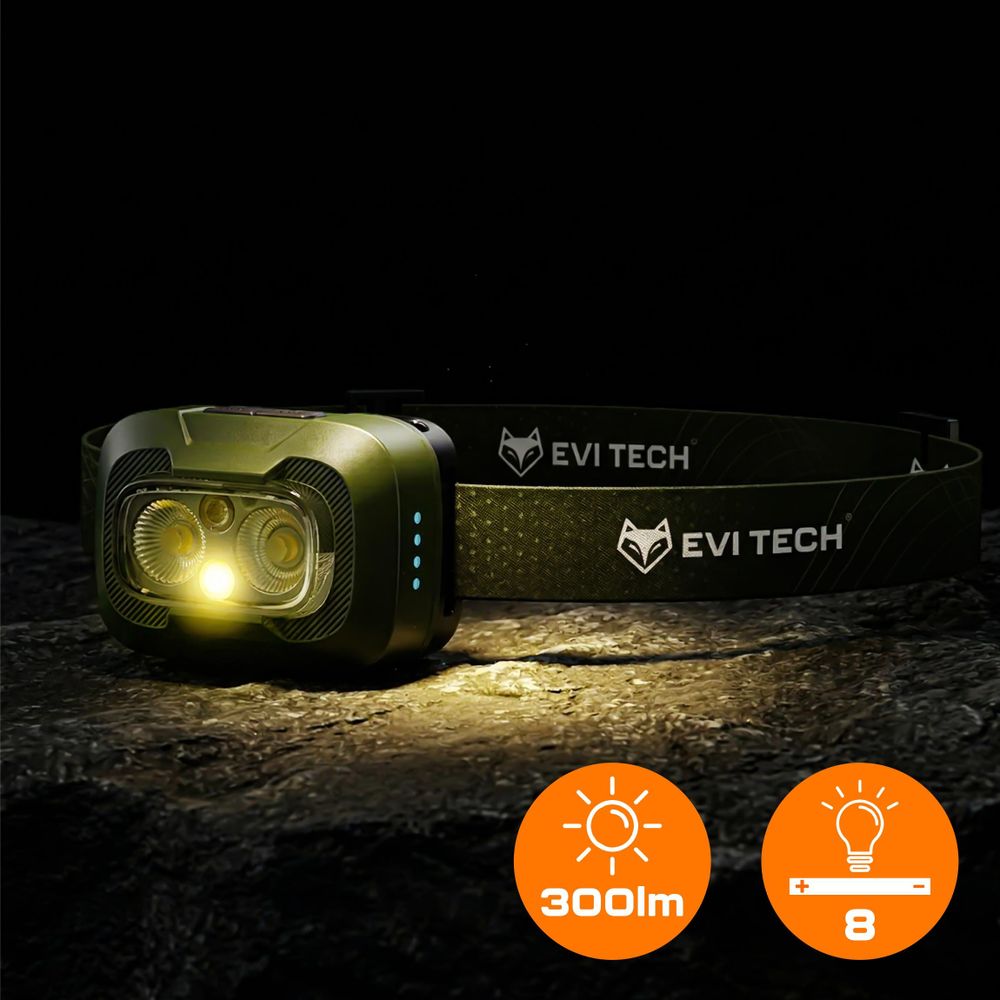 EVI TECH WaveBeam 300 LED Stirnlampe Akku USB-C Bewegungssensor 300lm Wasserdicht IP55 Kopflampe mit Rotlicht Outdoor Laufen Camping Grün