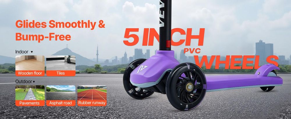 VEVOR Scooter (3 Räder) ab 3 Jahren, Cityroller Kinderroller mit leuchtenden Rädern & höhenverstellbarem Lenker & rutschfestem Deck & leichtem Aluminiumrahmen, Tretroller bis zu 75 kg, Lila