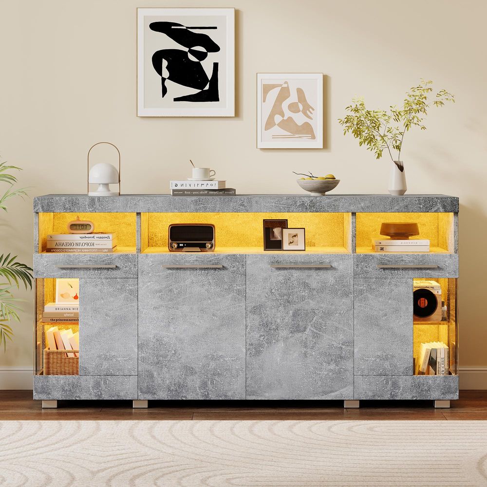 Merax Hochglanz Sideboard 140 cm mit LED, Wohnzimmer-Schrank mit Glastüren, 3 Schränke und 6 Fächer, modern Kommode mit gehärtetes Glas, Grau