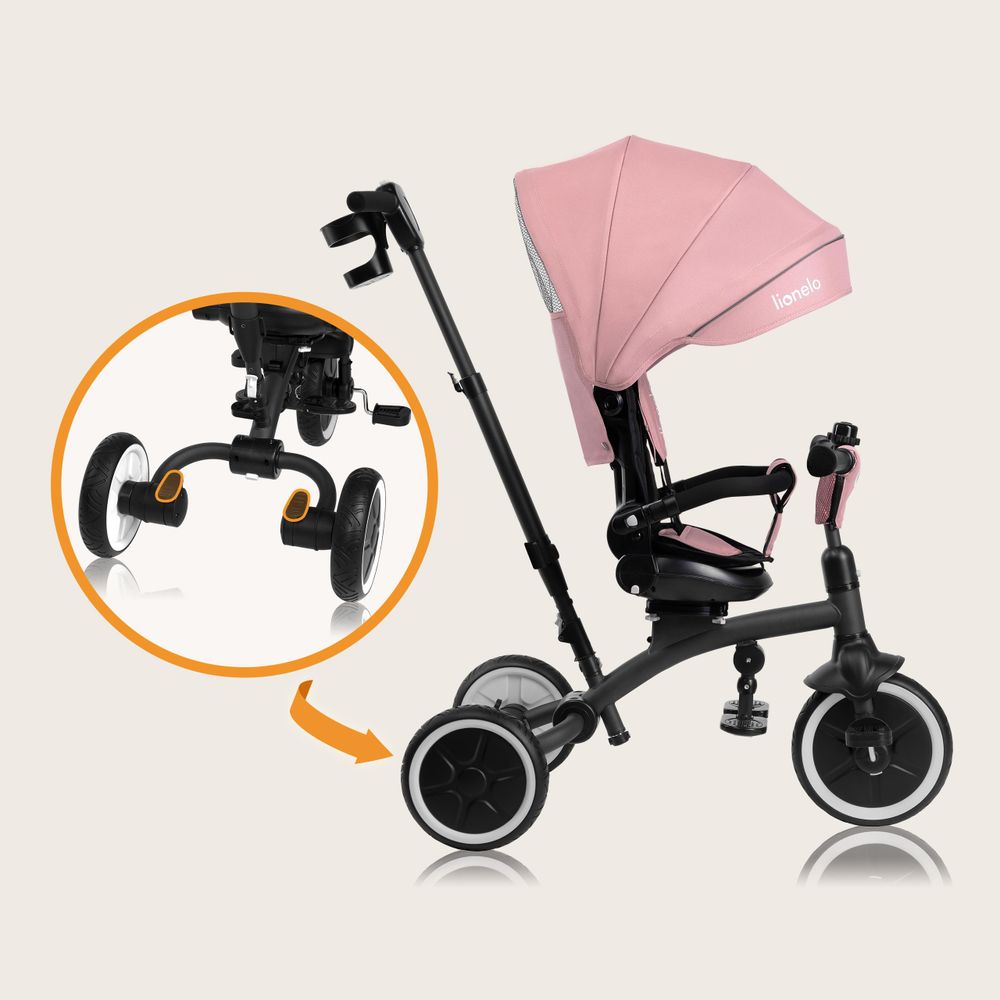 Lionelo Tris Plus dreirad laufrad bis 25 kg Kinderdreirad Lenkstange Baby Kinderwagen Montage ohne Werkzeug - Rosa
