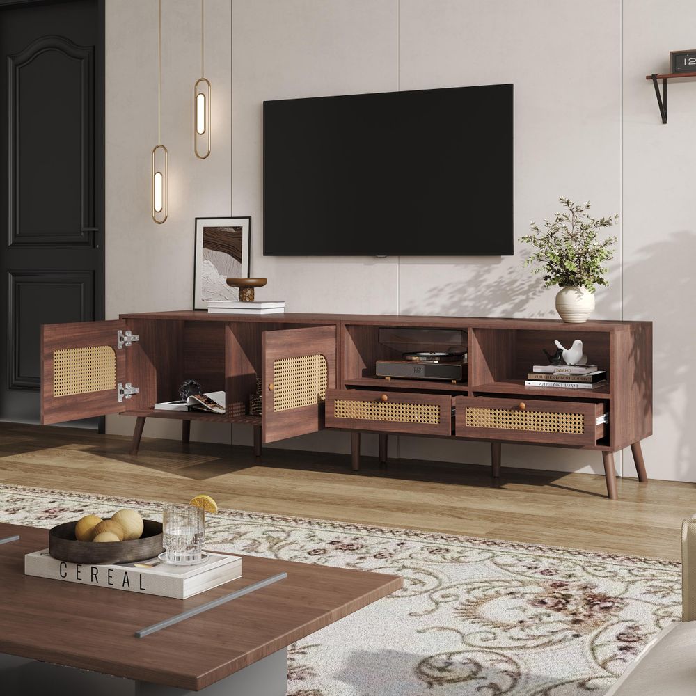 Merax TV-Schrank 200 cm für 80-Zoll Fernseher, Lowboard mit Rattantüren, 2 Schubladen, 8 Beine, modernes Design, Braun