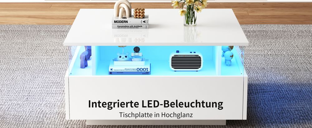 okwish Hochglanz-LED-Couchtisch Quadratischer Couchtisch 70*70*41cm mit 2 Schubladen und transparentem Präsentationsbereich,Belastbar bis 30 kg, Weiß