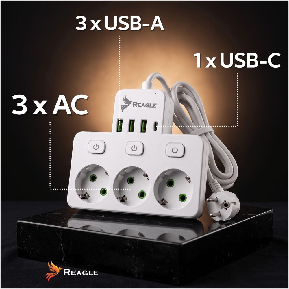 Reagle 3m Steckdosenleiste 3-fach einzeln schaltbar mit 4x USB (3x USB-A, 1x USB-C), Mehrfachsteckdose weiß, Verlängerungskabel 2500W