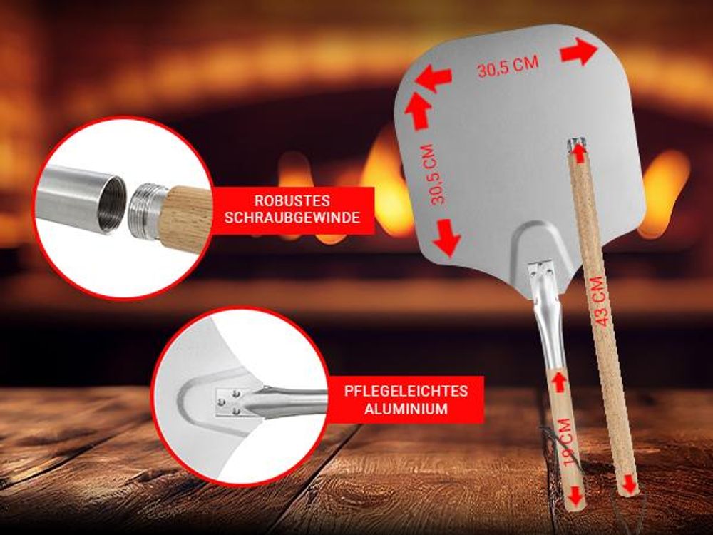 Heidenfeld 5in1 Pizza-Set | Pizzastein für Backofen, Gasgrill, Holzkohlegrill - 2in1 Pizzaschieber - Pizzaschneider - Holzgriffe - Pizza-Zubehör