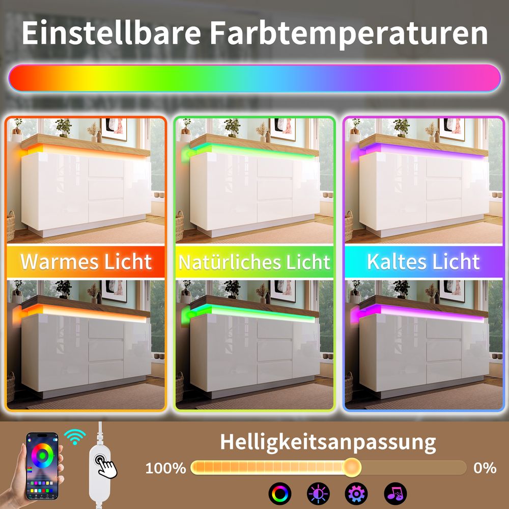 okwish Kommode Sideboard mit viel Stauraum, Schrank mit 2 Türen und 3 Schubladen und LED Beleuchtung(App-Steuerung), Schubladenschrank Anrichte für Wohnzimmer, 81 x 140 x 39 cm, Weiß