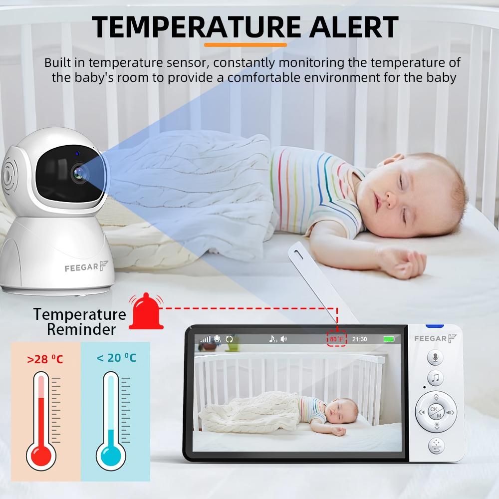 Feegar Babyphone mit Kamera Baby Monitor 5-Zoll 720P HD Display 2,4 GHz PTZ 355°/120° Baby Monitor mit Ferngesteuerter Kamera 2X Zoom VOX Modus