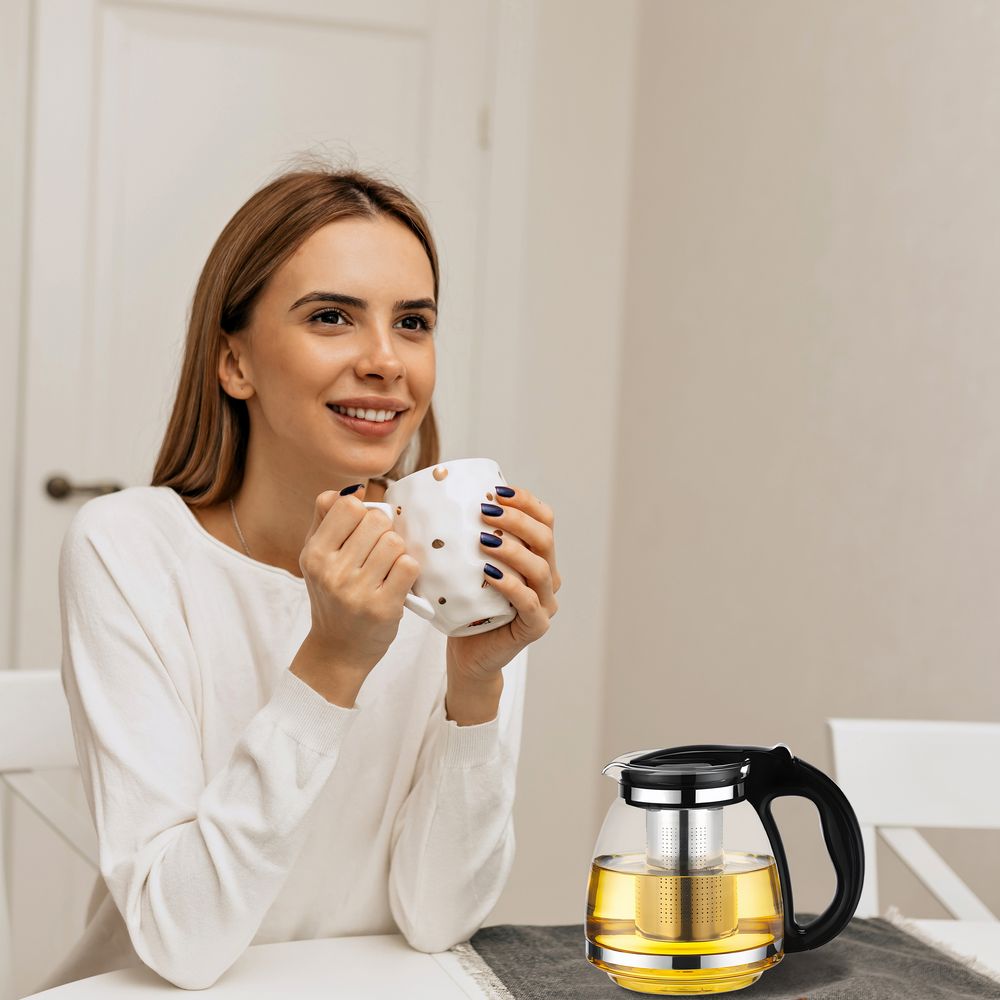 Glas Teekanne 2 l 2000 ml mit Edelstahlsieb Glaskanne Teebereiter Siebeinsatz Hitzebeständige Ergonomisch Tee Saft BPA-frei Schwarz Retoo