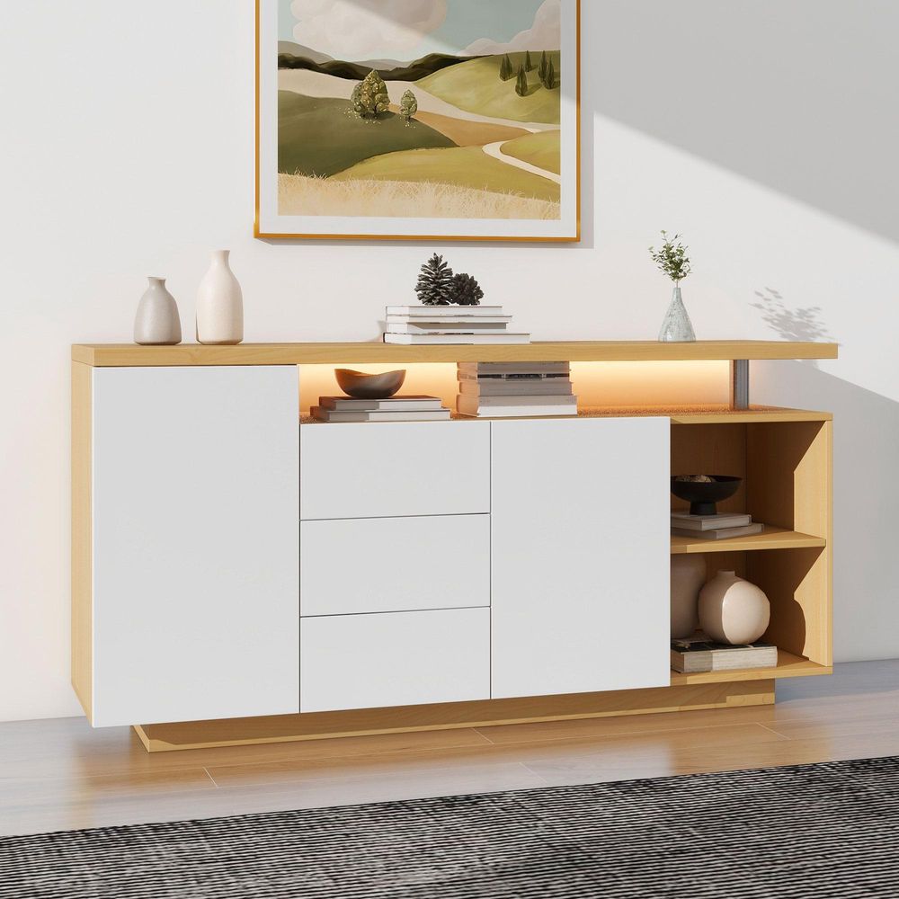 Merax Sideboard mit LED-Beleuchtung (16 Farben), Kommode mit Push-to-Open, 3 Schubladen und 2 Türen, Wohnzimmermöbel  Weiß & Eiche, 140x70x40 cm
