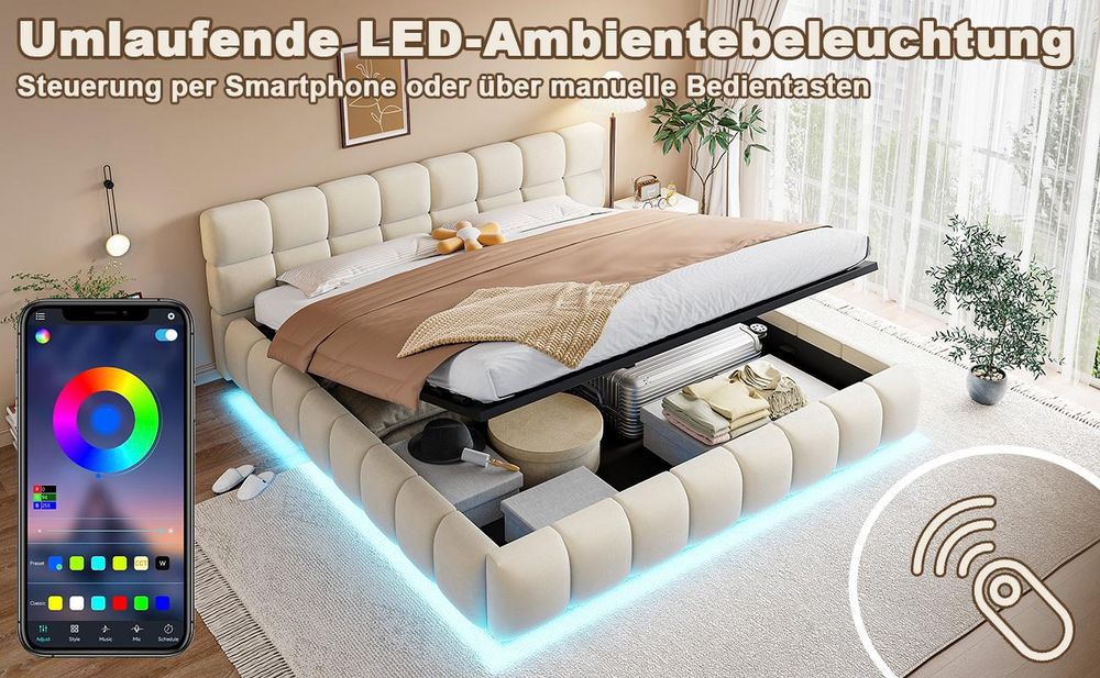 okwish Polsterbett 180×200 mit LED und App-Steuerung, Jugendbett mit Bettkasten undgepolstertem Kopfteil,Doppelbett Beige,ohne Matratze