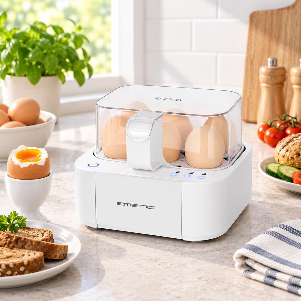 Weißer Emerio Eierkocher mit Eiern auf einer hellen Küchenarbeitsplatte mit Frühstückszutaten.