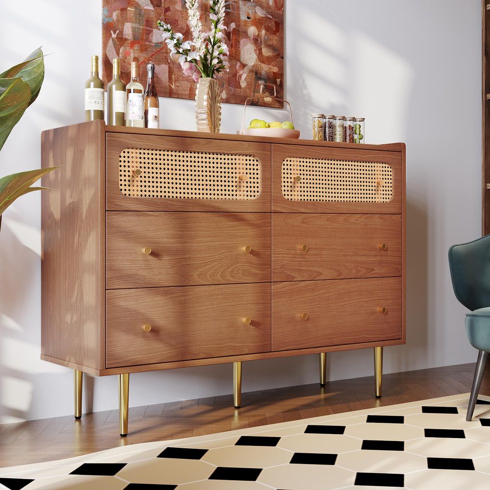Merax Sideboard 120 cm mit 6 Schubladen, Kommode aus Massivholz mit Rattangeflecht, Holz Highboard mit Metallbeine, Vintage-Nussbaumoptik, Wohnzimmer