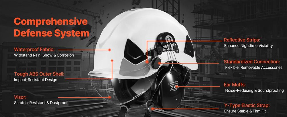 VEVOR Schutzhelm ANSI/ISEA Z89.1-zugelassener ABS-Sicherheitshelm mit Visier & Ohrenschützern, verstellbarer Industriehelm belüfteter Bauhelm Arbeitshelm für Industriebau Arbeitskleidung Weiß