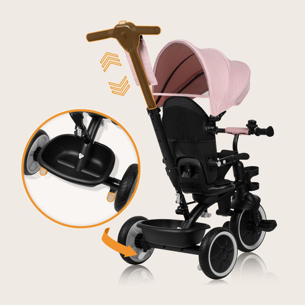 Multifunktionales Dreirad und Kinderwagen Lionelo Berry von 9 Monaten bis 5 Jahren bis zu 25 kg Große PolyurethanRäder, Dreirad-Drehsitz 360° Rosa