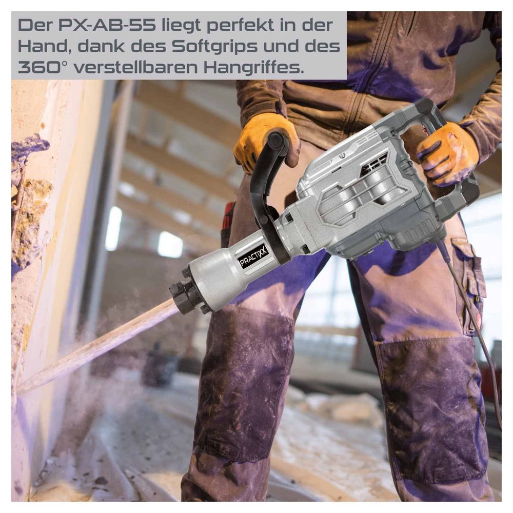 Das Bild zeigt den Abbruchhammer PX-AB-55 bei der Bearbeitung einer Wand.