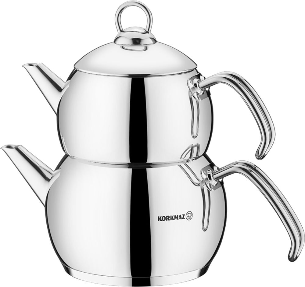 Korkmaz Tombik Teekanne 3.1l Teekocher Caydanlik Tea Pot Set A104 Edelstahl 4-Teilig