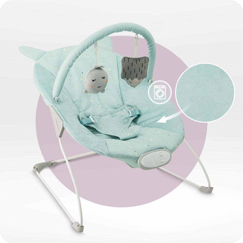 MoMi GLOSSY Babywippe mit 8 Melodien, 3 Vibrationsstufen, Spielzeug-Stirnband – bis 9 kg - MINT