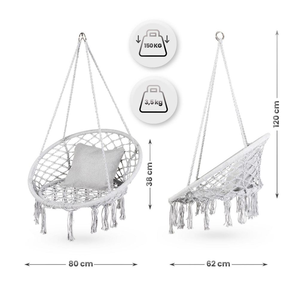 Hängesessel mit Produktmaßen: 120x80x62 cm, Gewicht 3,5 kg, Tragfähigkeit 150 kg