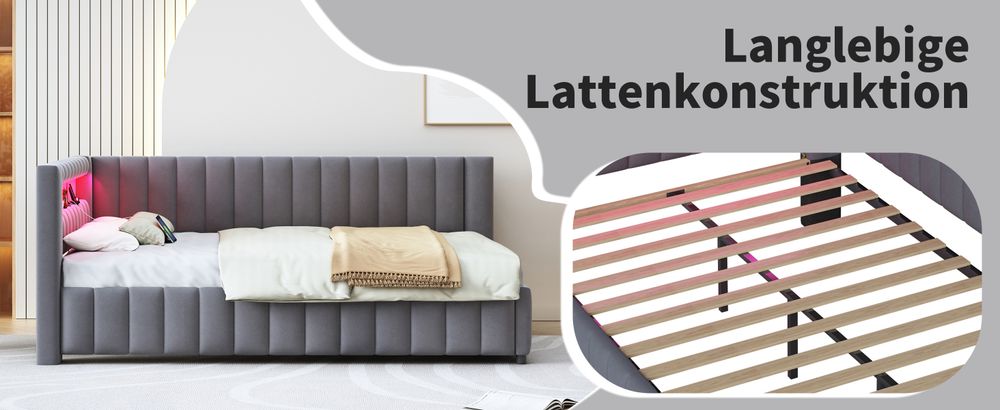 okwish Daybett Polsterbett 140x200, Schlafsofa mit LED-Licht und USB-Ladeanschluss, mit Rückenlehne und Kopfteil,Samtstoff,Dunkelgrau-Ohne Matratze