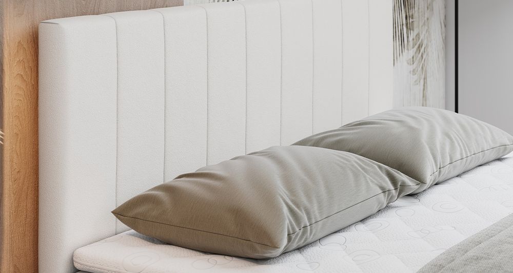 Vergrößern Sie das Kopfteil des Boxspringbettes, das Foto zeigt weiß Stoff