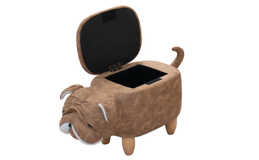 SVITA Tierhocker mit Stauraum Kinderhocker Ordnungshelfer Sitzhocker Polster mit Holzbeinen Kinderzimmer Deko Sitzbox Tier-Motiv Mops Hellbraun