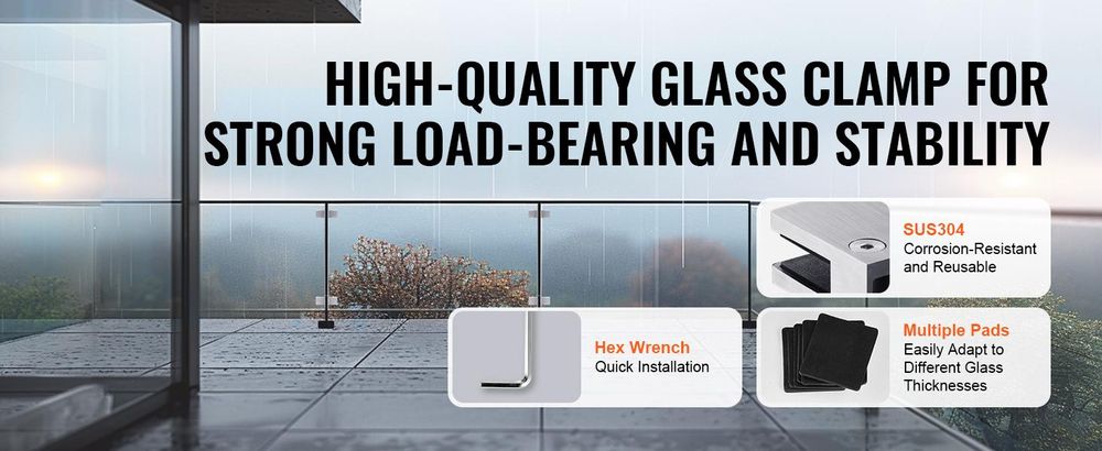 VEVOR Glaszange, 4 Stück Rechteckige Glasgeländerhalterung für 0,31 "-0,47 " Einscheibensicherheitsglas, 304 Edelstahl Glasmontagezange, 0,2" Dicke Glasregalhalterung für Balkon, Garten, Pool, Treppe, Silber, Quadratisch