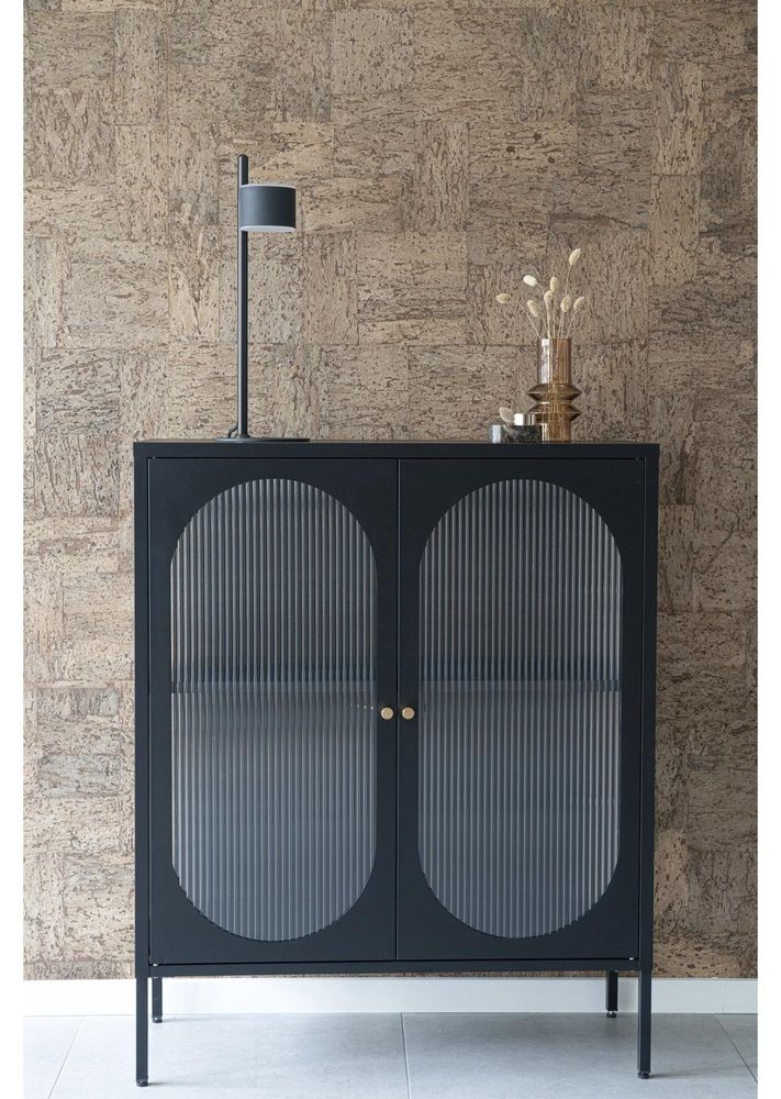 Standvitrine Adelaide – Stauraumvitrine mit Industrial-Design in Schwarz
