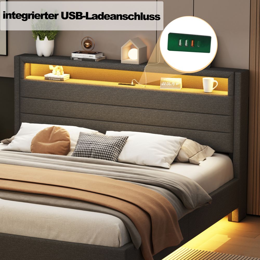 MODFU Polsterbett Funktionelles 140 x 200 cm mit USB-Ladeanschluss und Kopfteil mit Stauraum, Doppelbett Stauraumbett mit LED-Beleuchtung Leinenstoff Grau(Ohne Matratze)