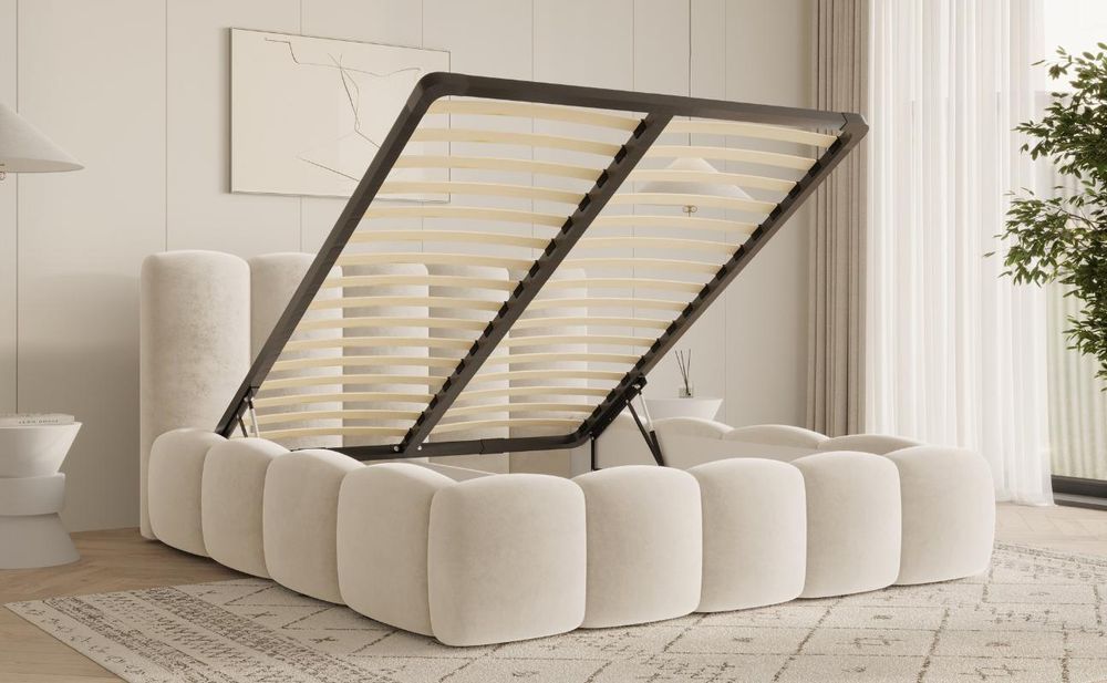 MOEBLO Polsterbett Bubble Bett 18 – Doppelbett Wolkenbett mit Riviera Samt-Velours, gepolstertem Kopfteil, Bettkasten, Gasfedermechanismus und Lattenrost - 180x200 cm - Graubeige (Riviera 24)