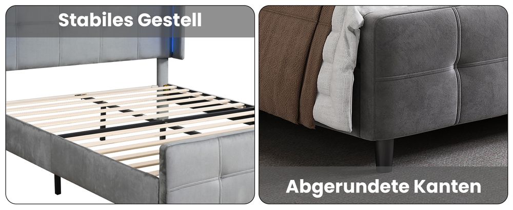 MODFU Polsterbett Funktionelles 140x200 mit Matratze,Doppelbett Jugendbett mit 16-farbiger LED-Beleuchtung und Verstellbares Kopfteil,Samt,Grau
