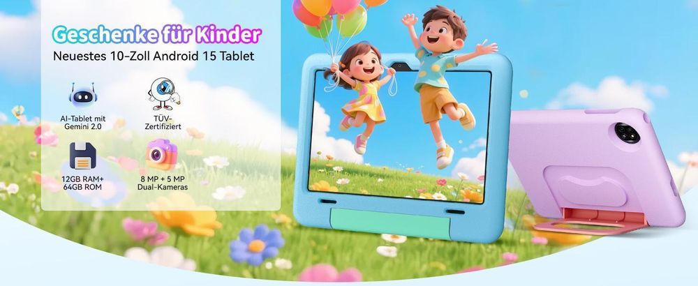 Blackvie Tab 20 Kids 10.1" Blau Tablet, Google Kids Space, 4GB RAM+64GB ROM, Android 15 WiFi Tablet für Kind mit Kindgerechte Hülle und Stift, 6600mAh