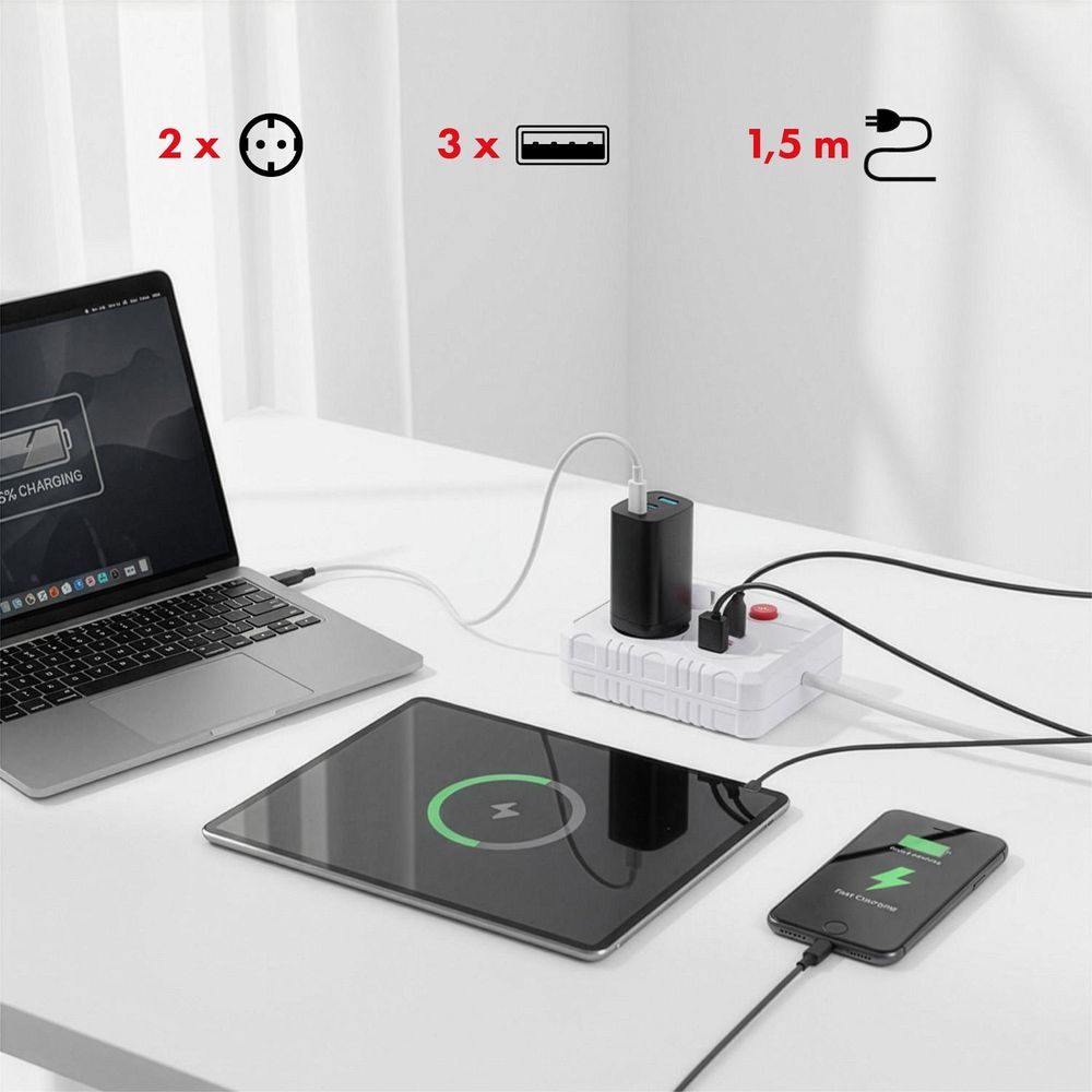 Maclean Steckdosenleiste Verlängerungskabel 2 Steckdosen + 3xUSB 110-240V AC 50/60Hz 2,1A max 2500W 1,5m weiß MCE387 W