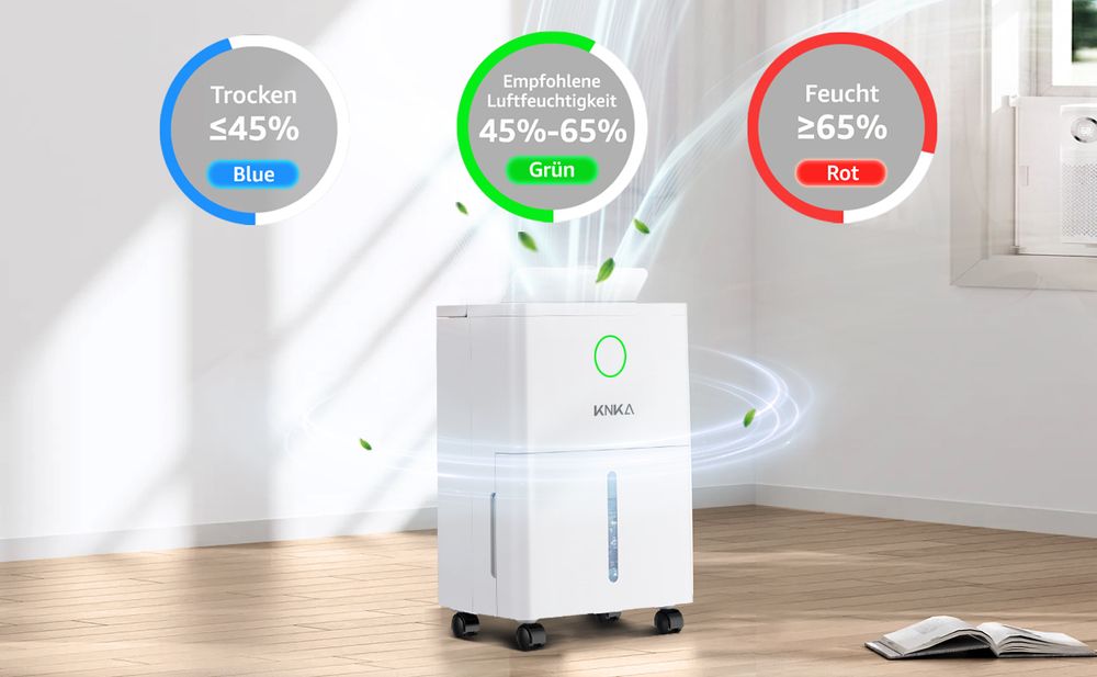 KNKA Luftentfeuchter, 6L/24h Luftentfeuchter Elektrisch, Geeignet für Raumgrößen bis zu 45m³(15m²), Leiser Entfeuchter mit farbigem LED-Ring, Raumentfeuchter für Keller Schlafzimmer Bad