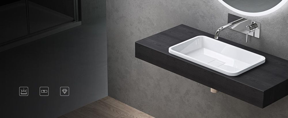 doporro Waschbecken Einbauwaschbecken 60x38x12cm weiß aus Gussmarmor rechteckig mit Ablaufabdeckung ohne Armatur Colossum104
