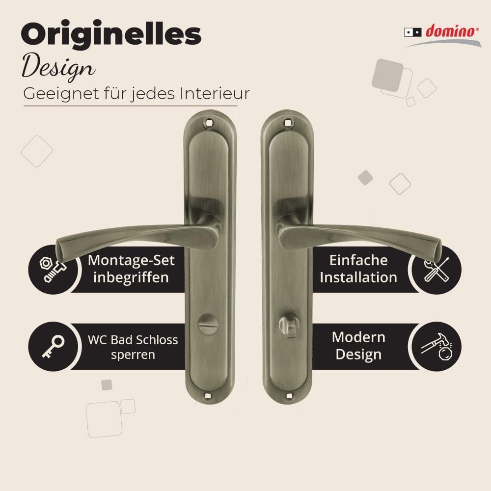 DOMINO Türgriff 78 Drückergarnitur WC - Badezimmer Set | Links & Rechts Türbeschlag für WC/Badezimmertüren | L-Form | Türbeschläge aus Aluminium | Bronze Türdrückergarnitur | ROMANA M3