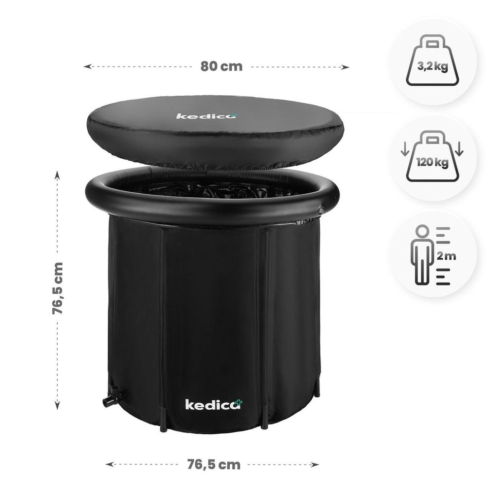 Maße der kedica Eistonne: 80cm Durchmesser, 76,5cm Höhe, 3,2kg Gewicht, bis 120kg/2m